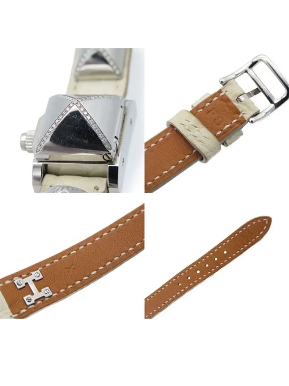 Hermes Mini Medor White SS Diamond Leather Watch